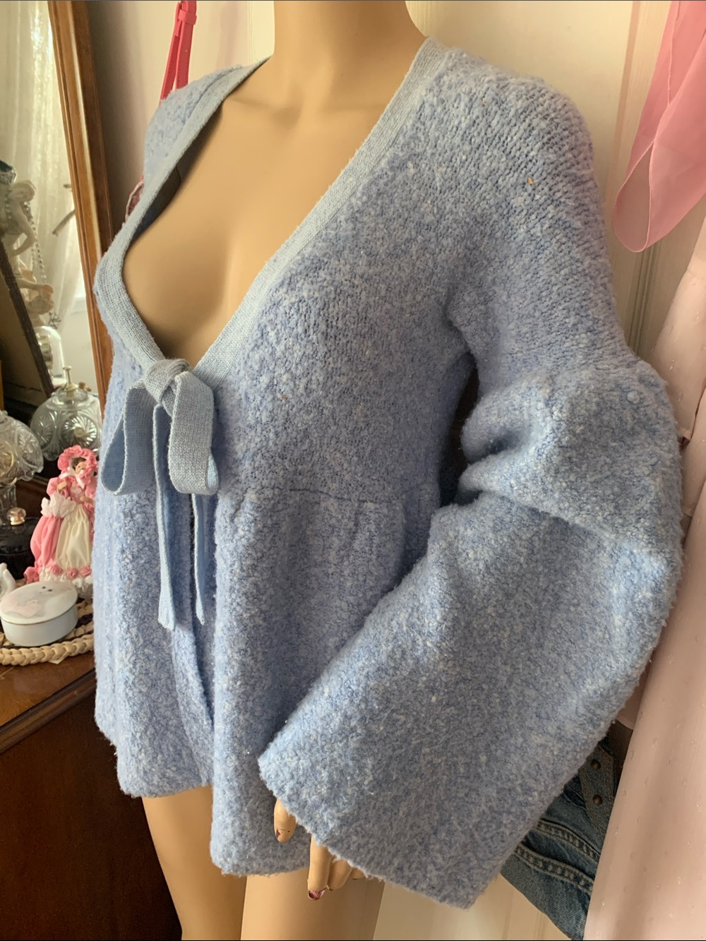 90s powder blue Boucle wool bell sleeve wrap babydoll cardigan sweater m